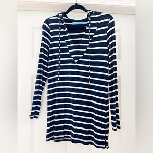 Tory Richard Nautical Coastal Striped Hooded Tunic Top Blue White sz XS